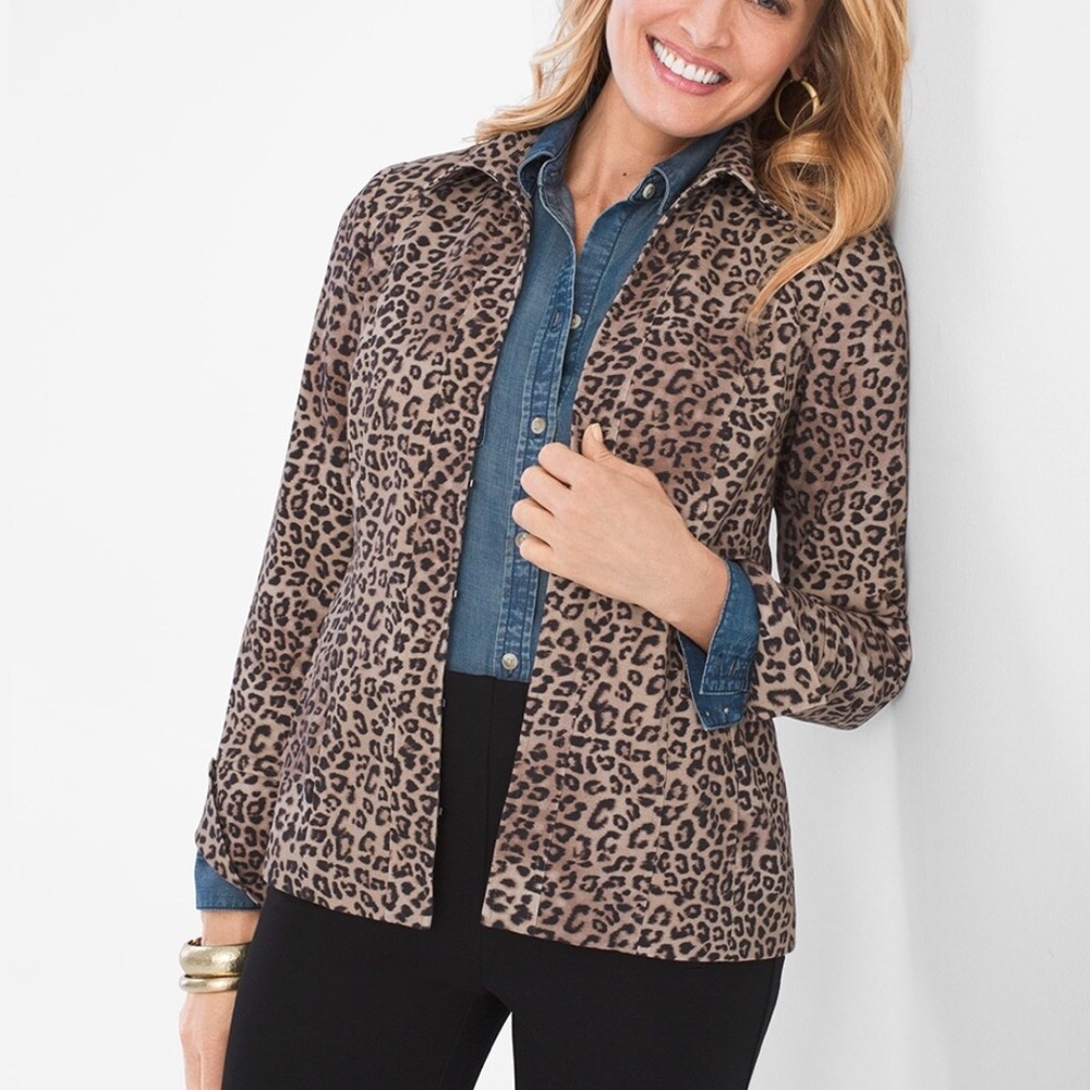 Chicos Leopard Print Ponte Jacket Size 2 US 12 14 Women Long Sleeve Pockets
